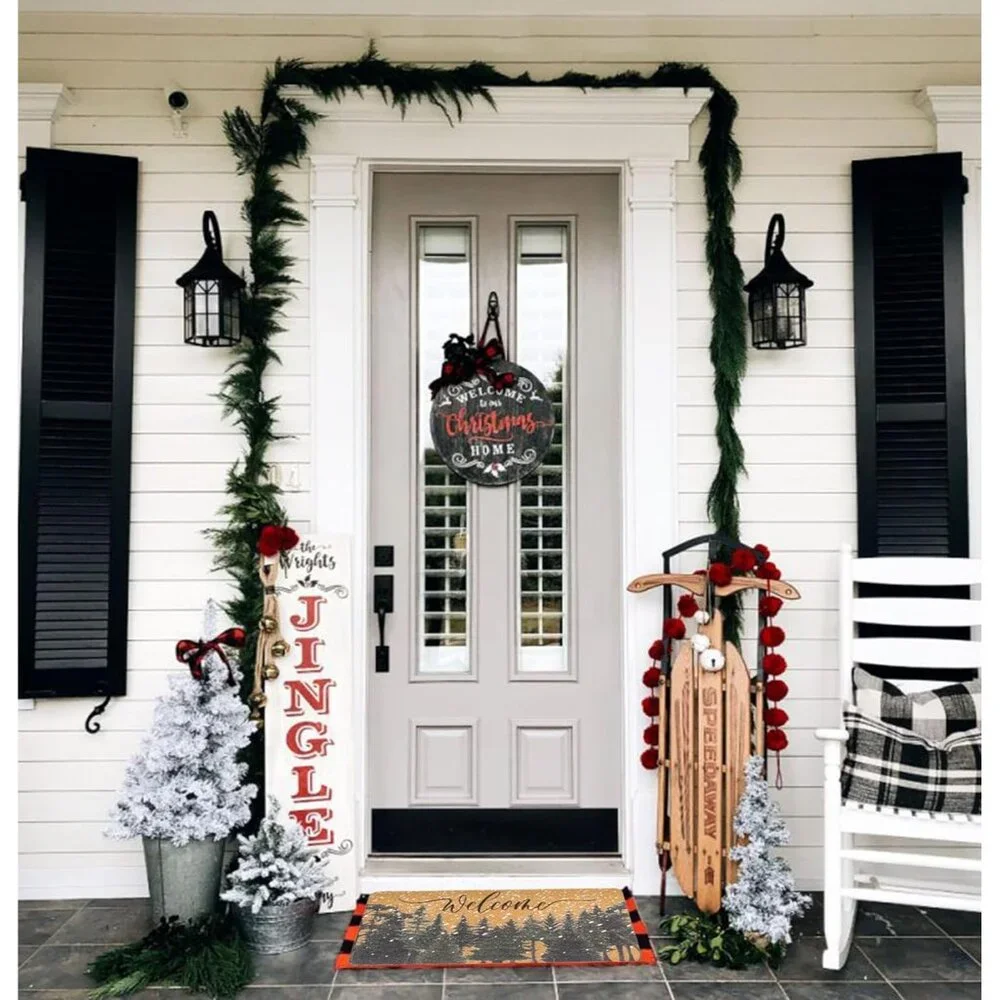 Festive 17x30” Outdoor Doormat, Faux Coir with Non-Slip Backing & Pine Trees